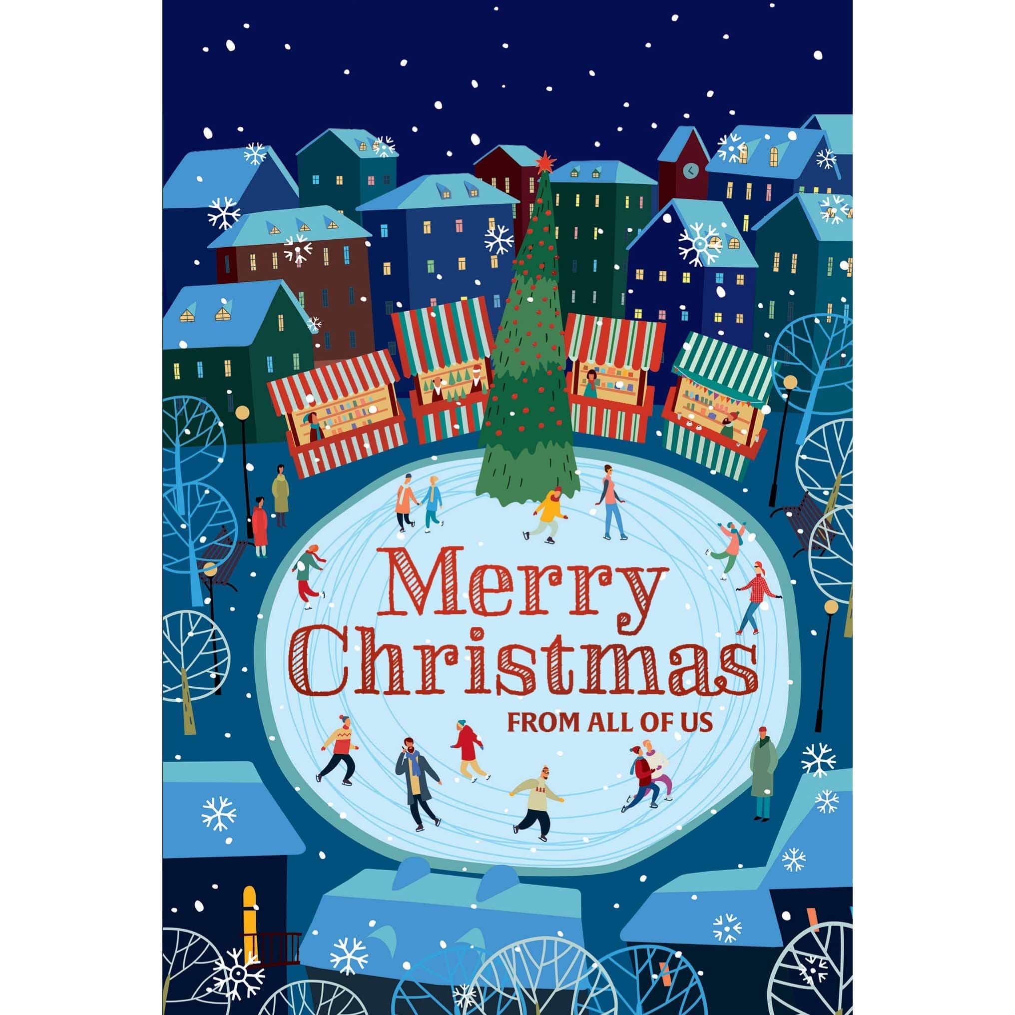 Seasonal Christmas card featuring night skating scene from Pictura, with festive holiday imagery and winter landscape.